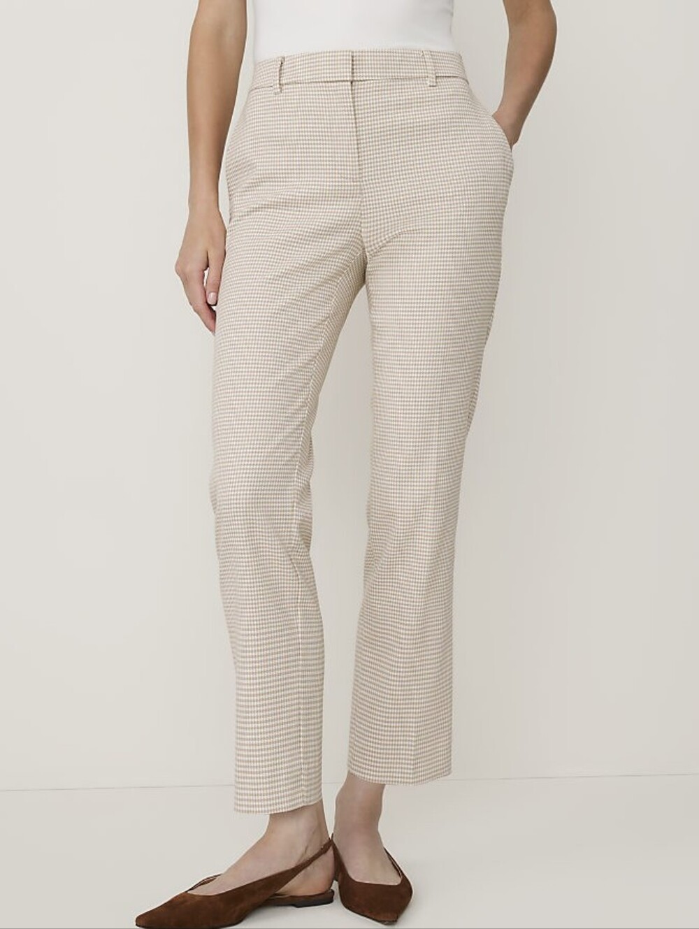 Ann Taylor Woven Straight Leg Pants Tan & White Houndstooth Size 14 NWOT